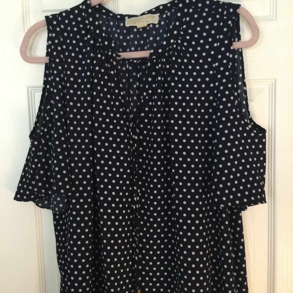 Michael Kors blue and white polka dot blouse